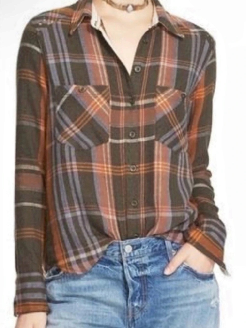 Free People Brown Purple & Orange Plaid Cotton & Linen Button Down - Size S